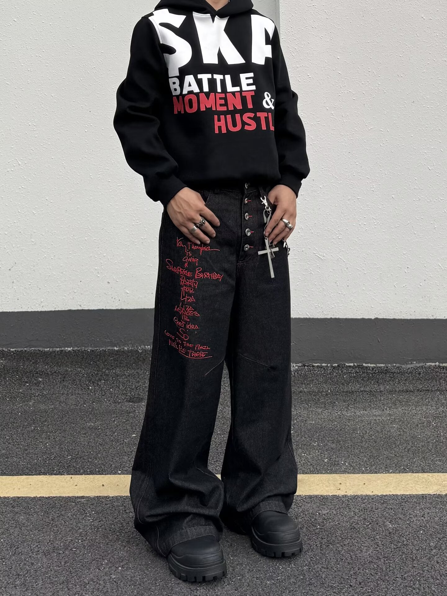 No.G55 American High Street Multi-Button Design Red Embroidered Jeans