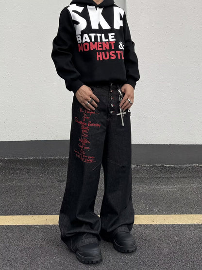 No.G55 American High Street Multi-Button Design Red Embroidered Jeans