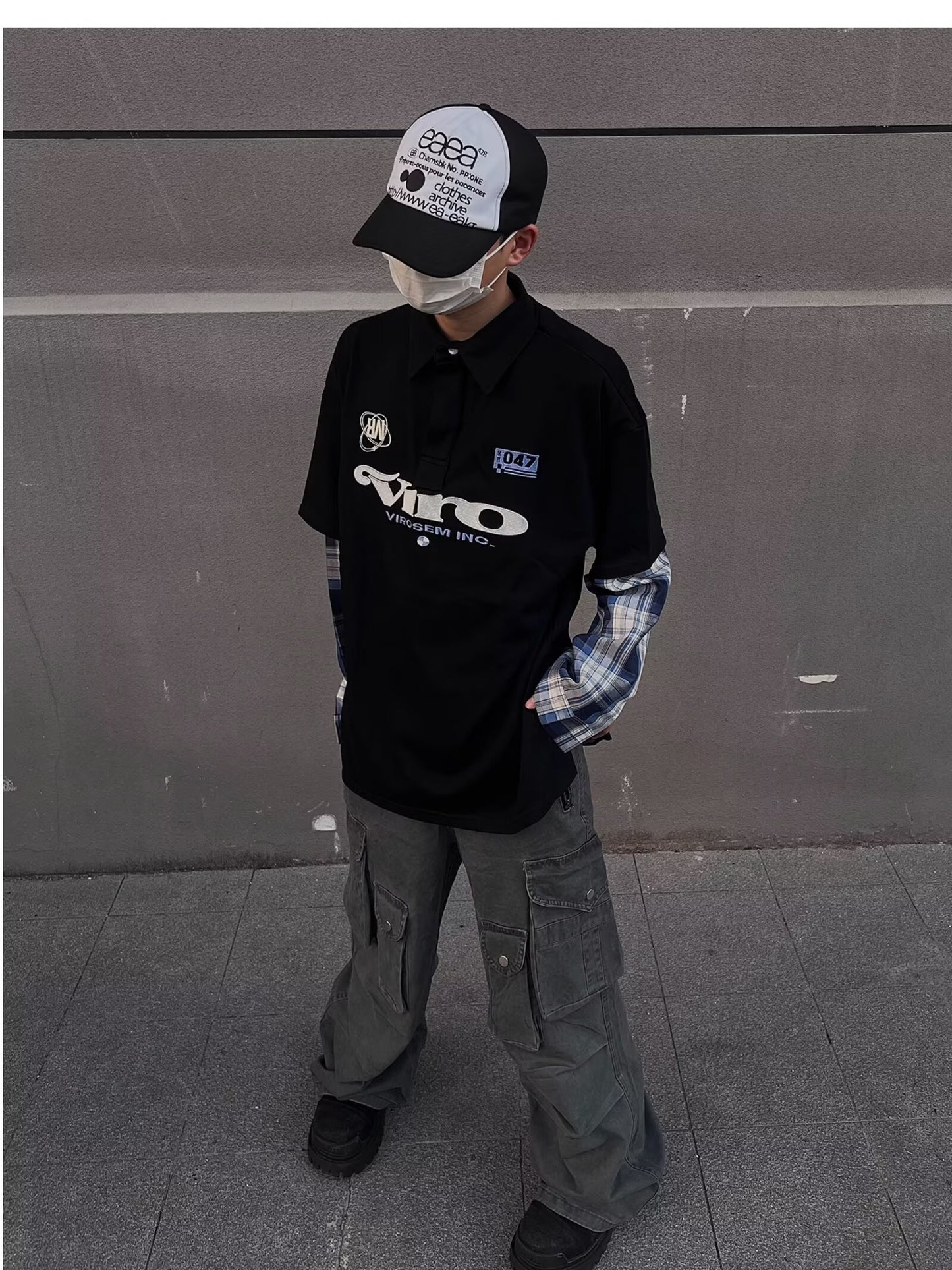 No.K387 Color Block Embroidered Letter Long Sleeve Polo Shirt