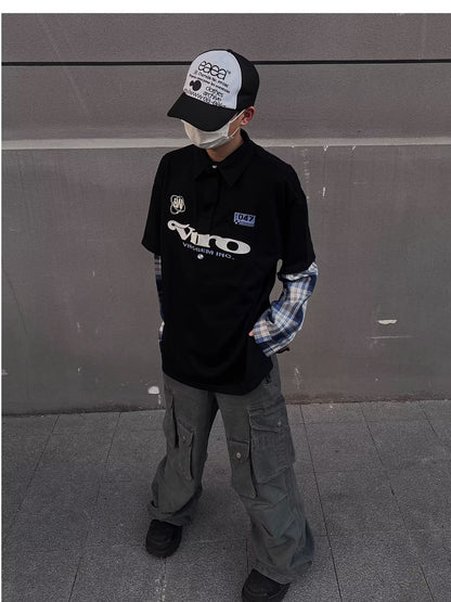 No.K387 Color Block Embroidered Letter Long Sleeve Polo Shirt