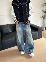 No.G59 High Street American Retro Washed Distressed Ink Splash Jeans