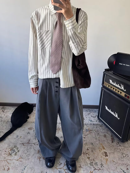 No. K422 Casual Commuting Single Pocket Gray and White Striped Shirt