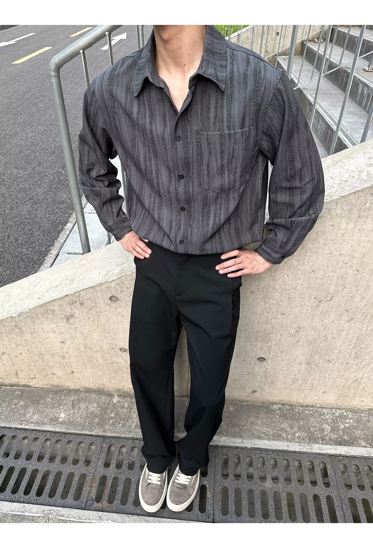 No.K425 Vintage Washed Striped Long Sleeve Shirt