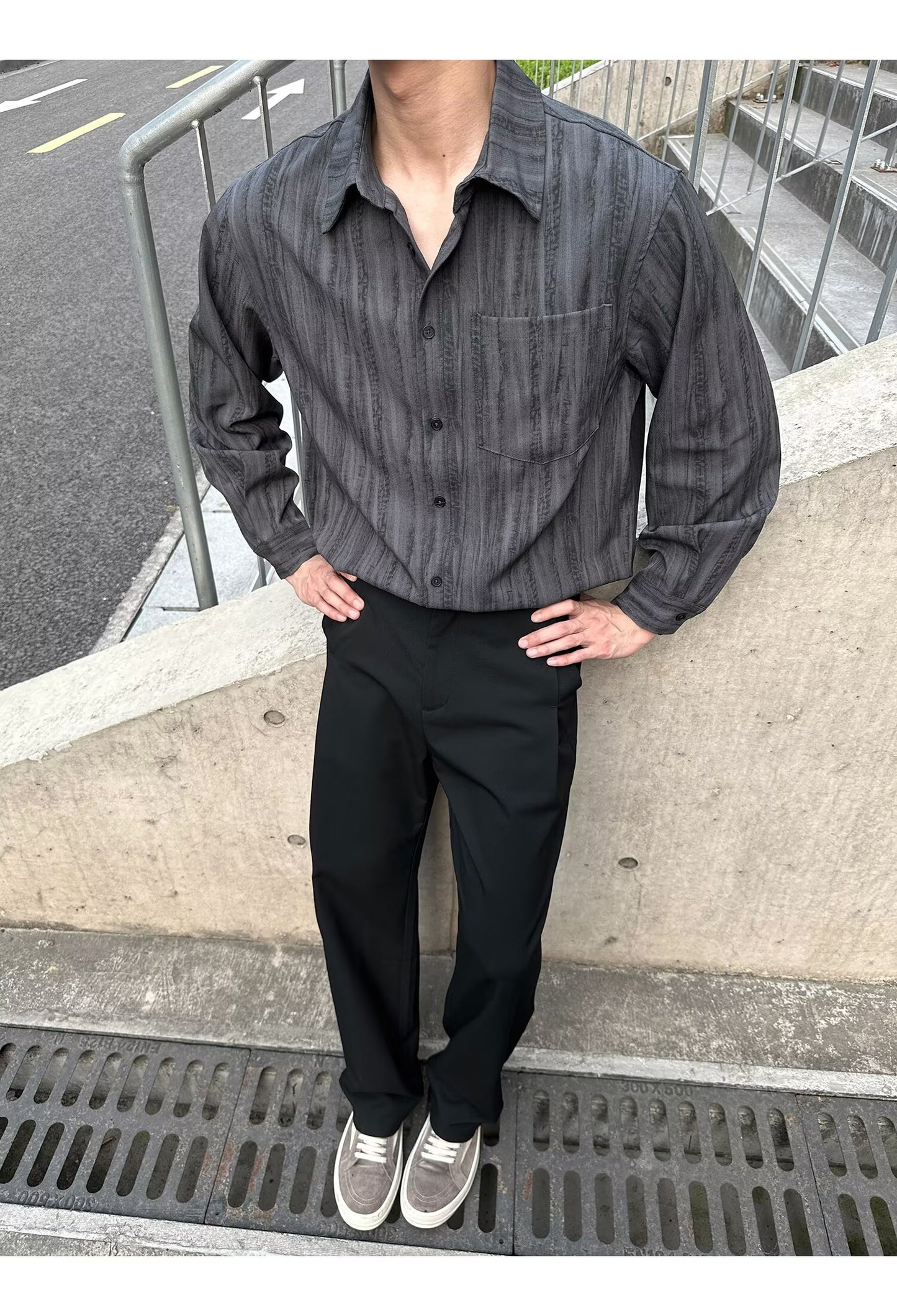 No.K425 Vintage Washed Striped Long Sleeve Shirt