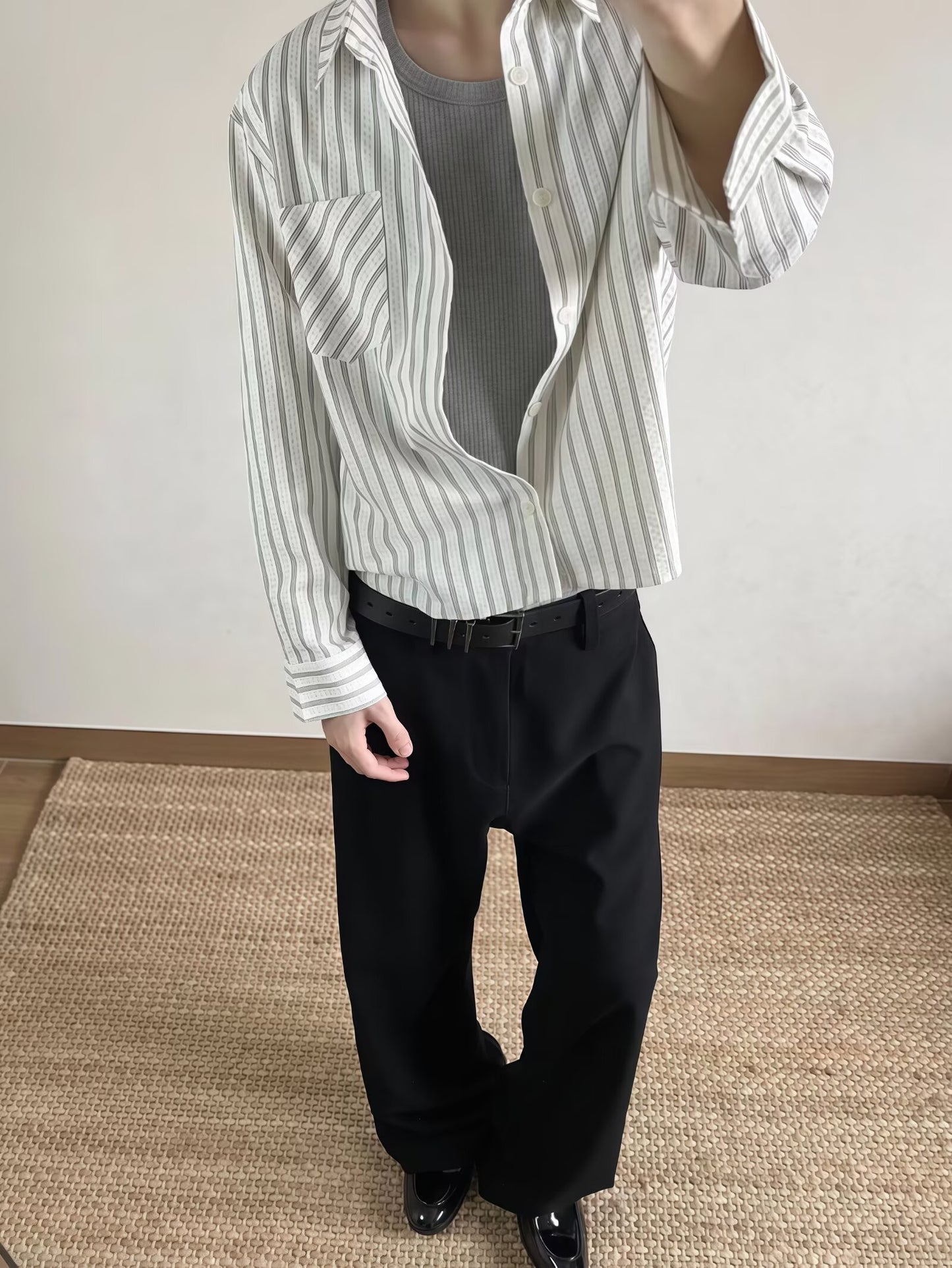 No. K422 Casual Commuting Single Pocket Gray and White Striped Shirt