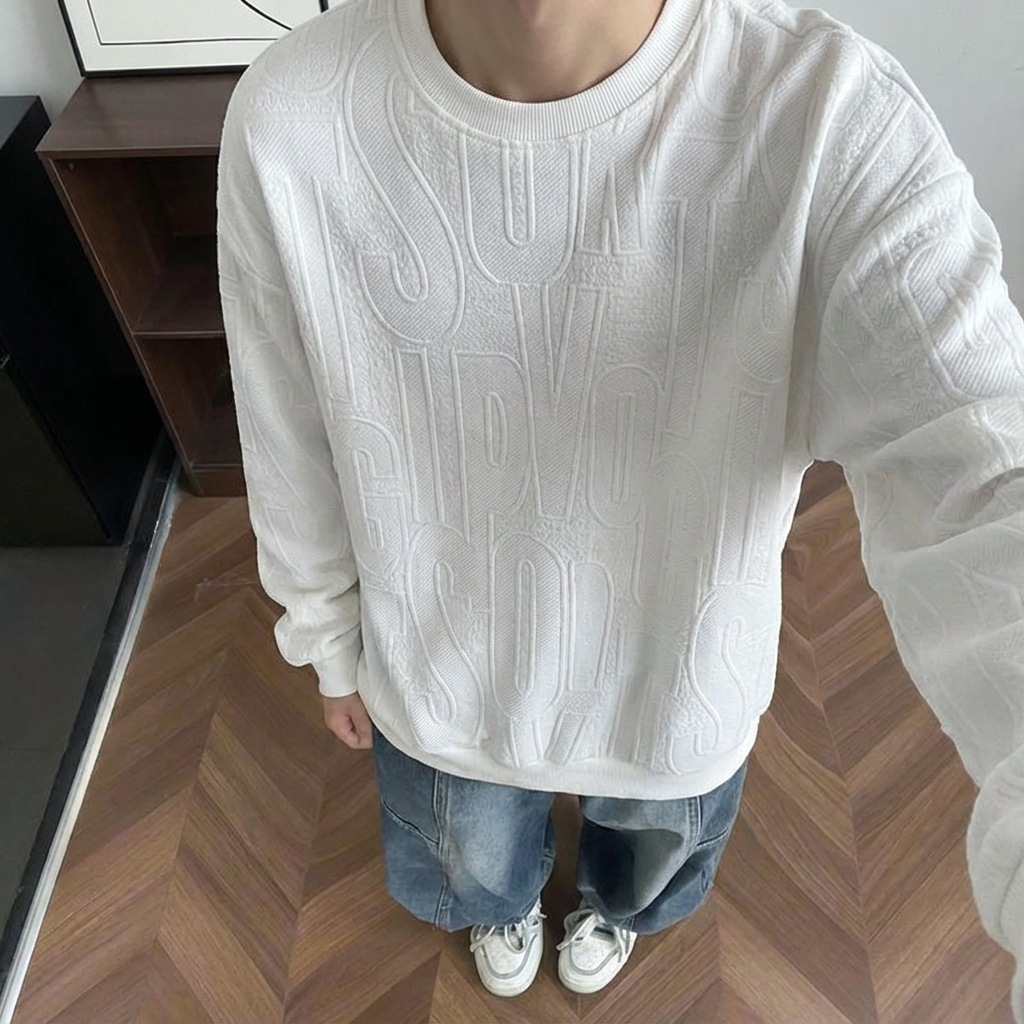 NO.ZM01 Large Letter Embossed Jacquard Crew Neck Sweatshirt