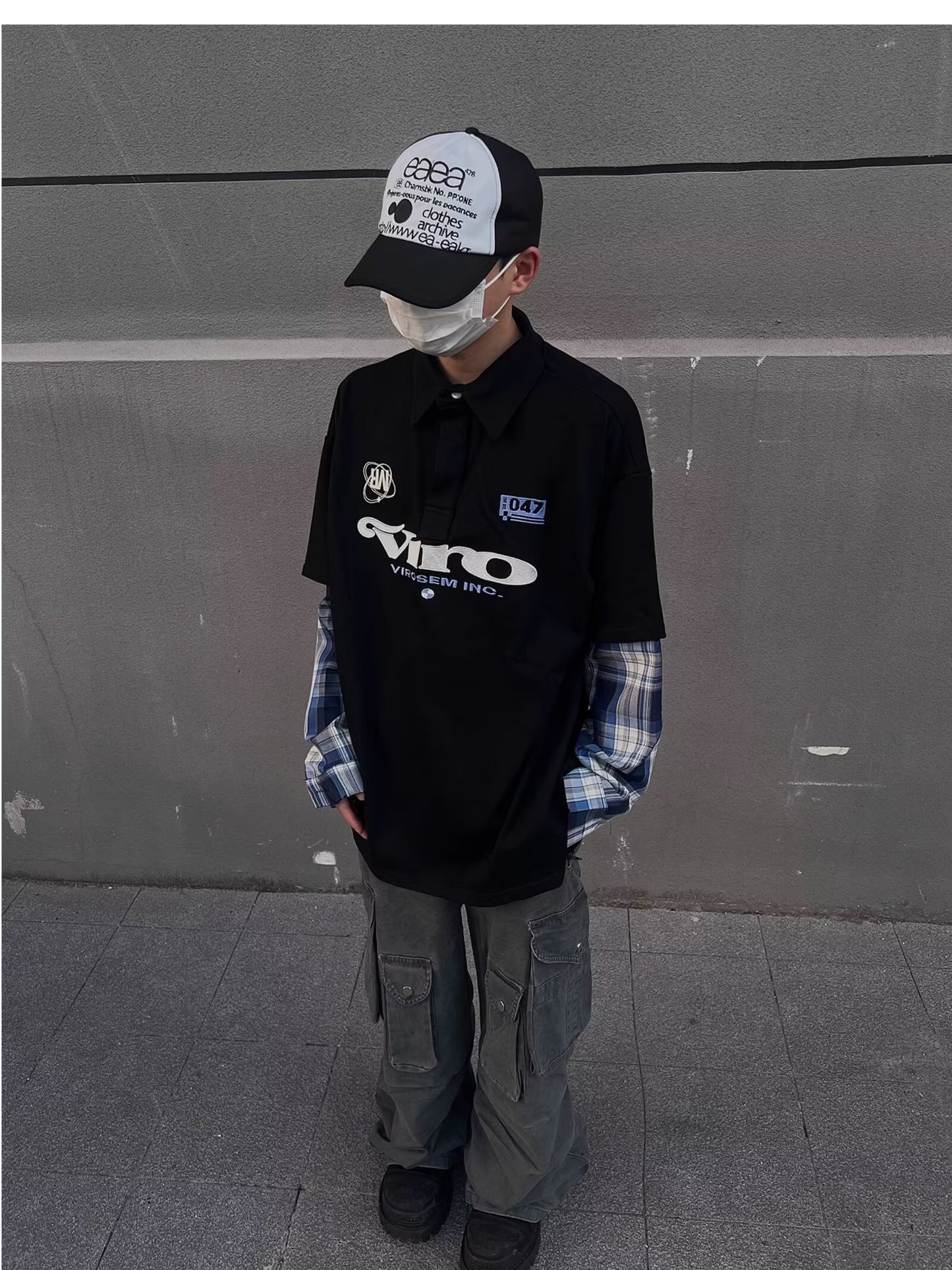 No.K387 Color Block Embroidered Letter Long Sleeve Polo Shirt