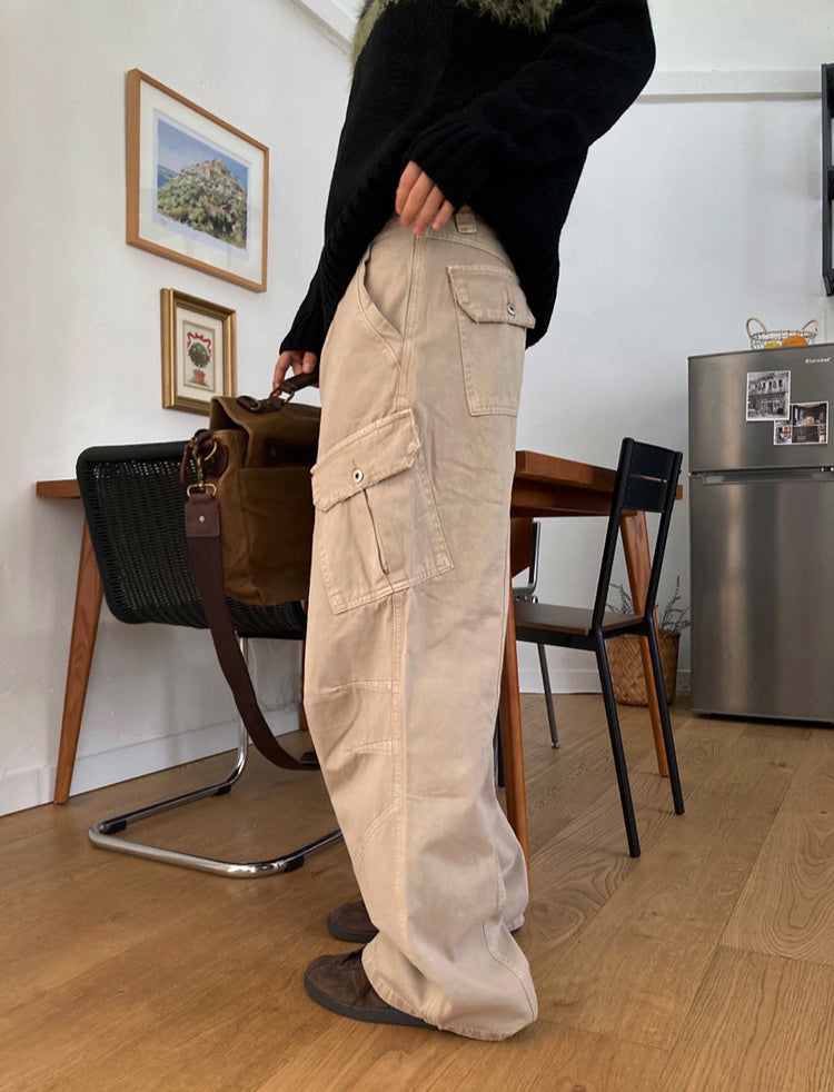 No.80465 Retro Style Washed Straight-Leg Cargo Pants