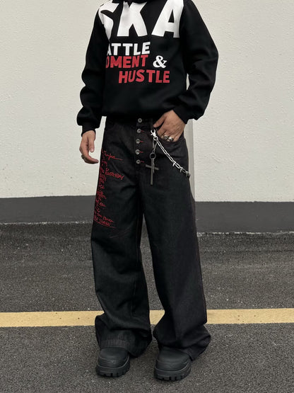 No.G55 American High Street Multi-Button Design Red Embroidered Jeans