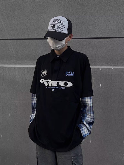 No.K387 Color Block Embroidered Letter Long Sleeve Polo Shirt