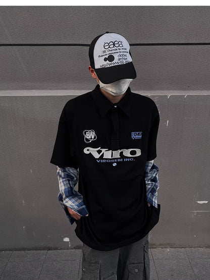 No.K387 Color Block Embroidered Letter Long Sleeve Polo Shirt