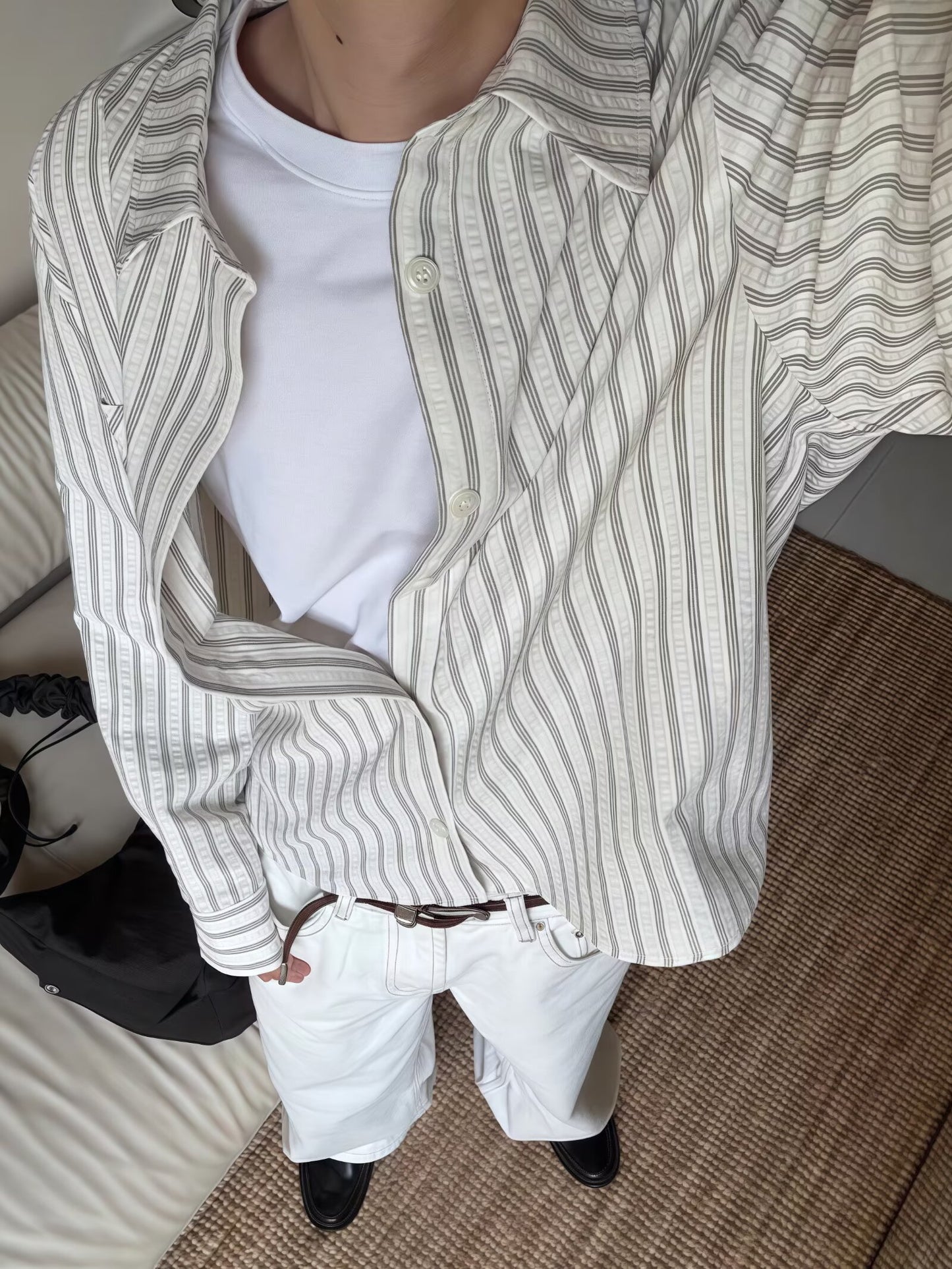 No. K422 Casual Commuting Single Pocket Gray and White Striped Shirt