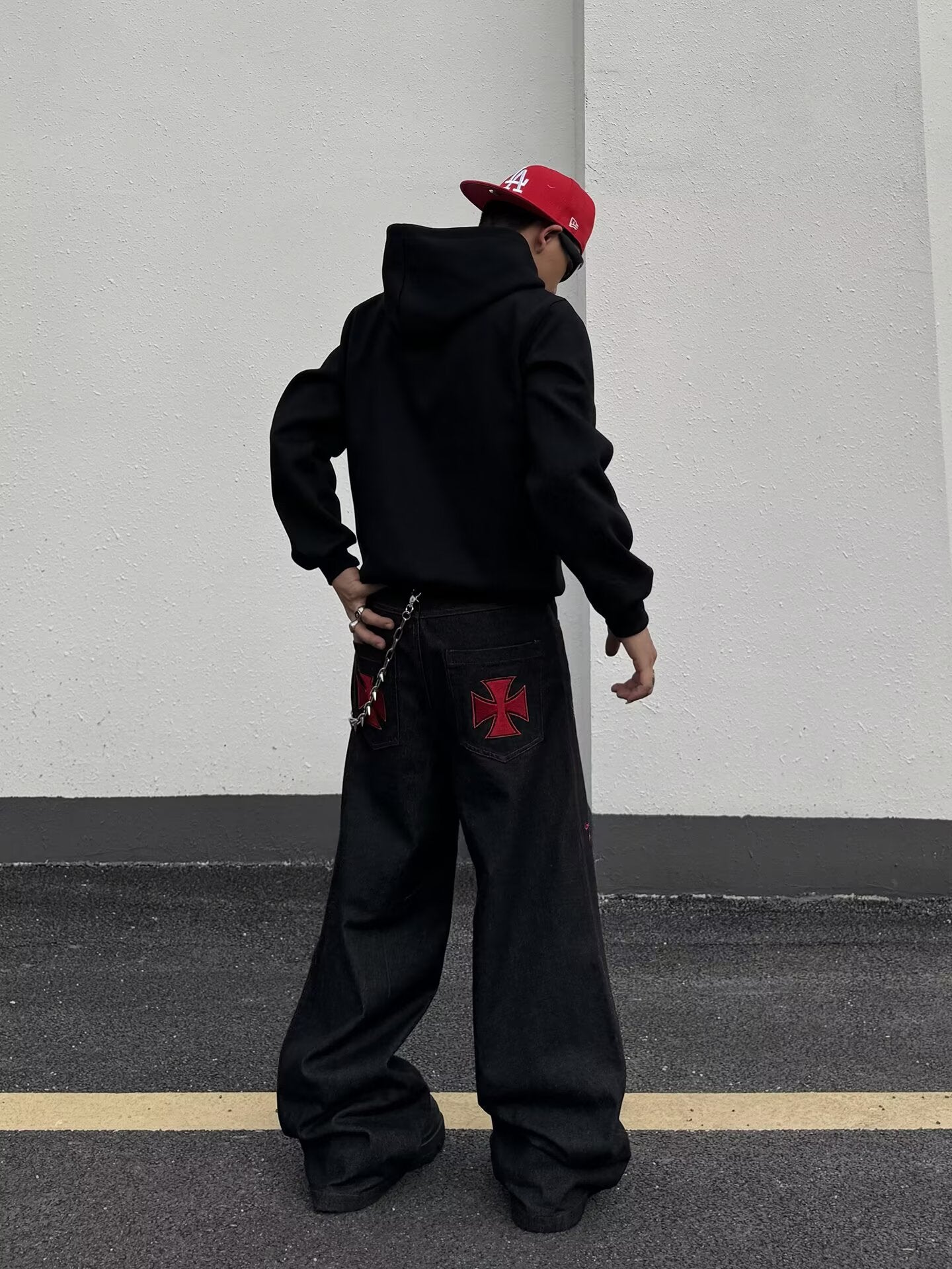 No.G55 American High Street Multi-Button Design Red Embroidered Jeans