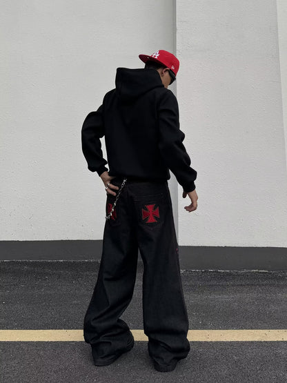 No.G55 American High Street Multi-Button Design Red Embroidered Jeans