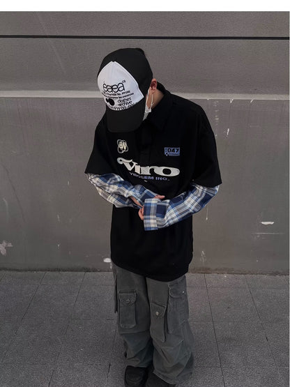 No.K387 Color Block Embroidered Letter Long Sleeve Polo Shirt