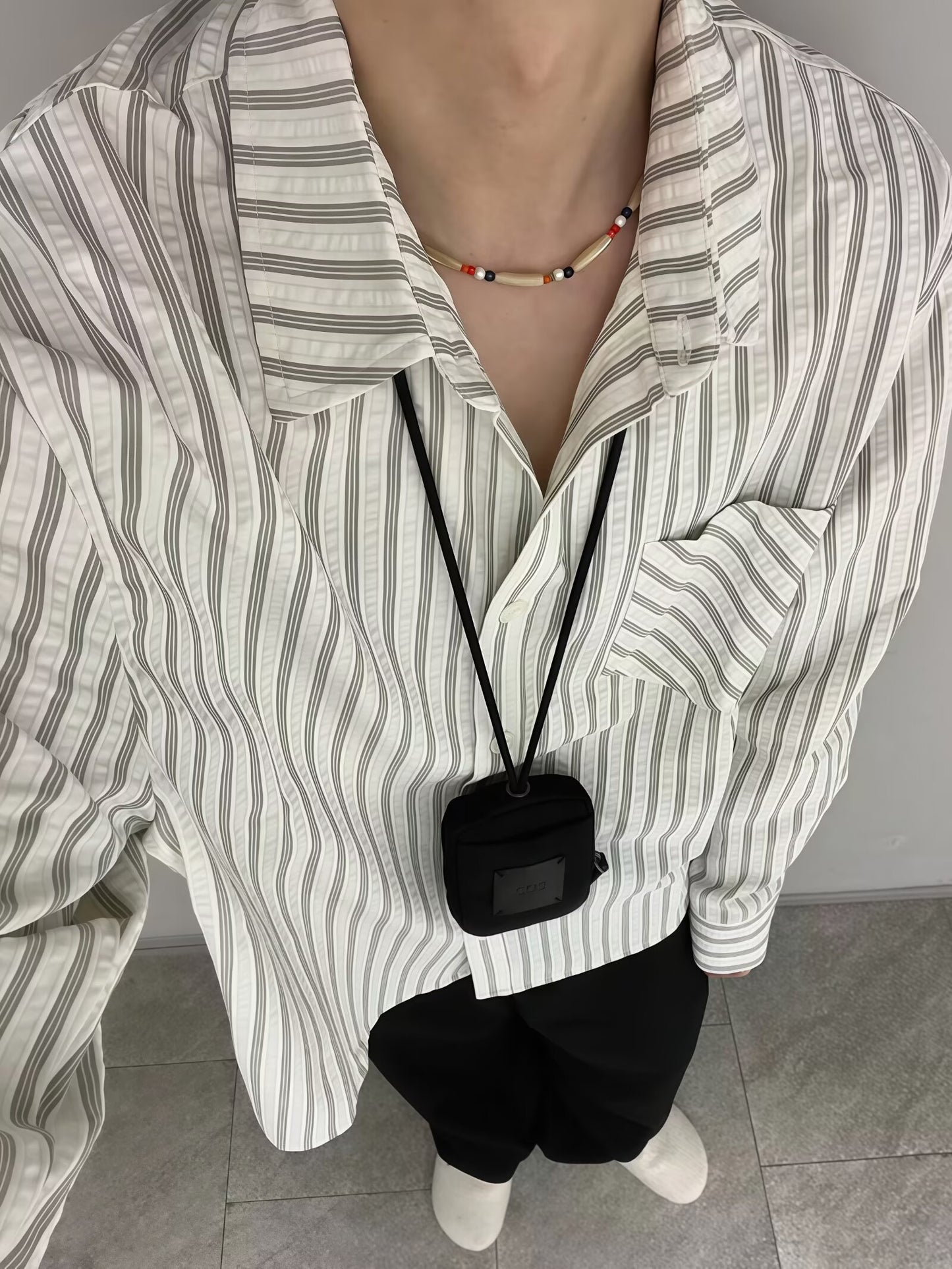 No. K422 Casual Commuting Single Pocket Gray and White Striped Shirt