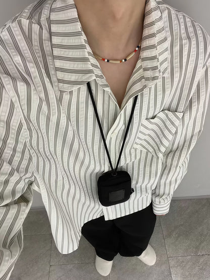 No. K422 Casual Commuting Single Pocket Gray and White Striped Shirt