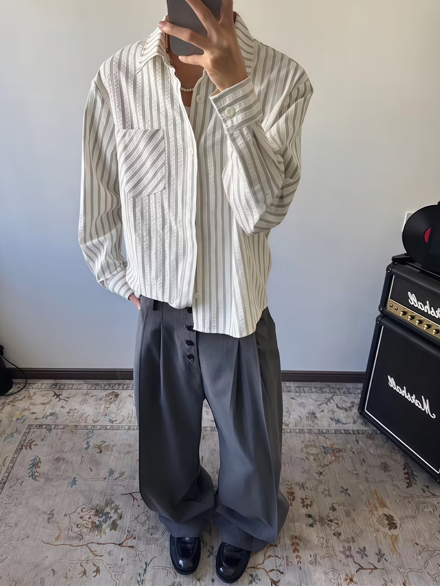 No. K422 Casual Commuting Single Pocket Gray and White Striped Shirt