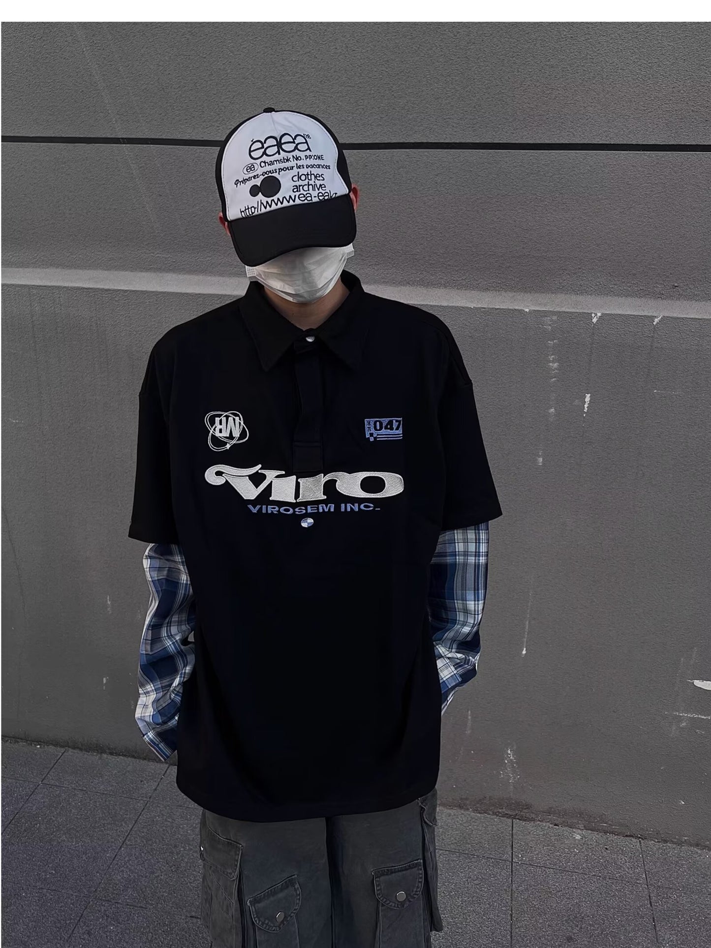 No.K387 Color Block Embroidered Letter Long Sleeve Polo Shirt