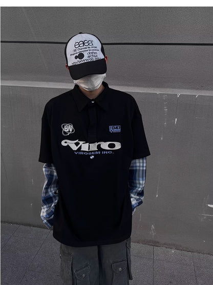 No.K387 Color Block Embroidered Letter Long Sleeve Polo Shirt