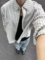 No. K422 Casual Commuting Single Pocket Gray and White Striped Shirt