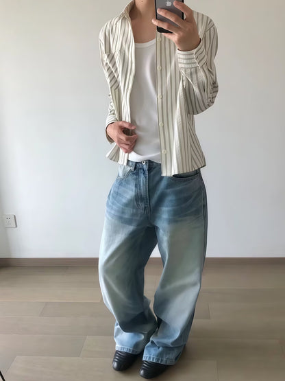 No. K422 Casual Commuting Single Pocket Gray and White Striped Shirt