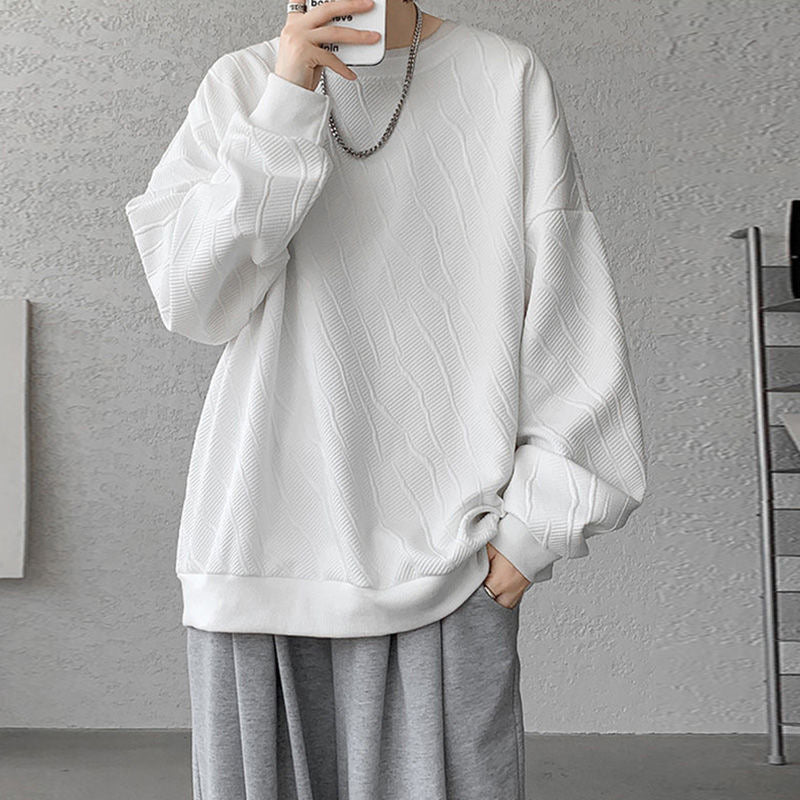 Textured White Oversized Sweatshirt | Men’s Casual Trendy Crewneck Pullover for Fall/Winter