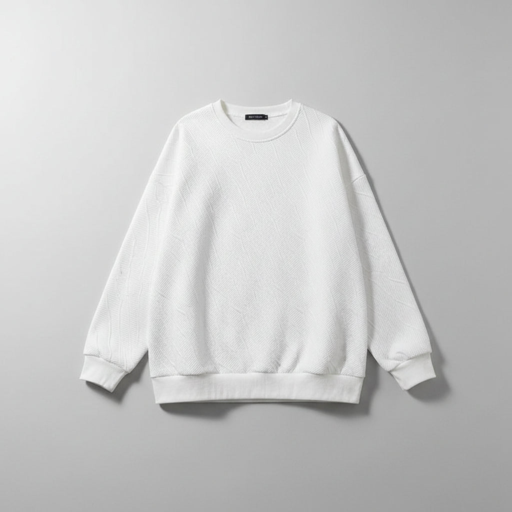 Textured White Oversized Sweatshirt | Men’s Casual Trendy Crewneck Pullover for Fall/Winter