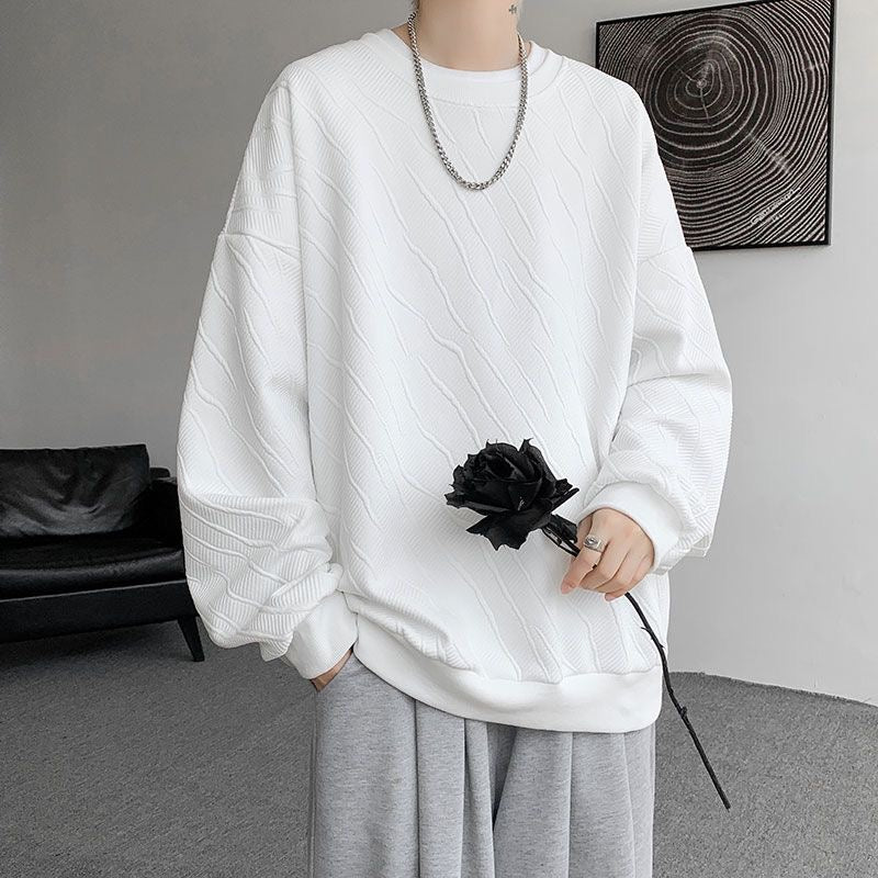 Textured White Oversized Sweatshirt | Men’s Casual Trendy Crewneck Pullover for Fall/Winter