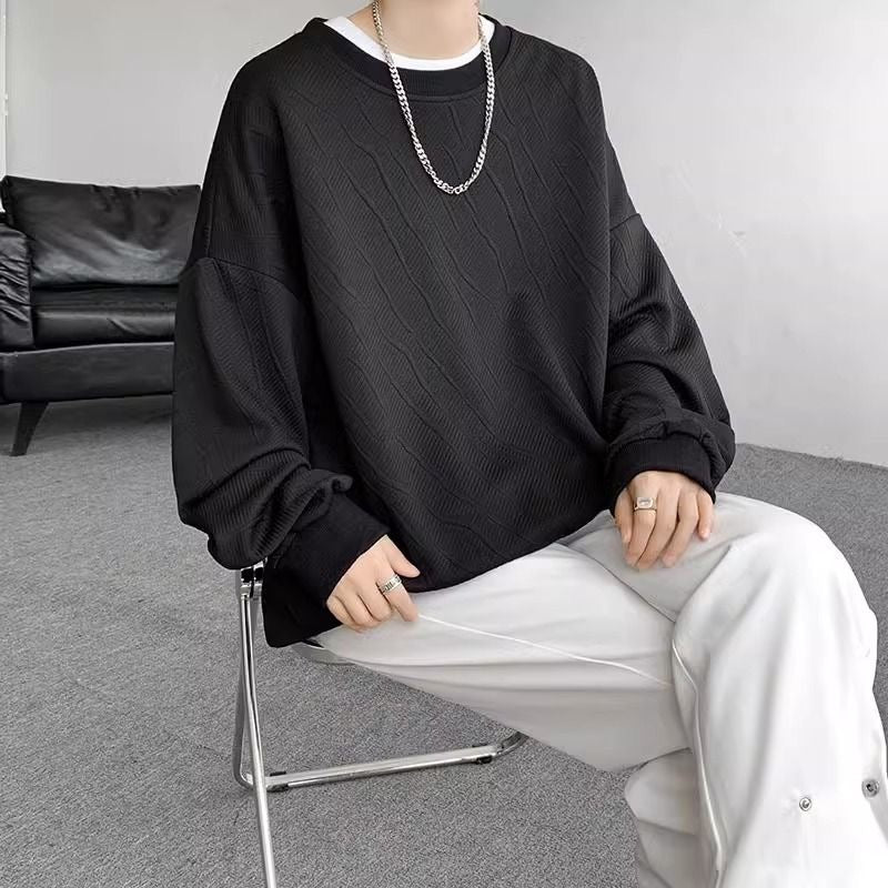 Textured White Oversized Sweatshirt | Men’s Casual Trendy Crewneck Pullover for Fall/Winter