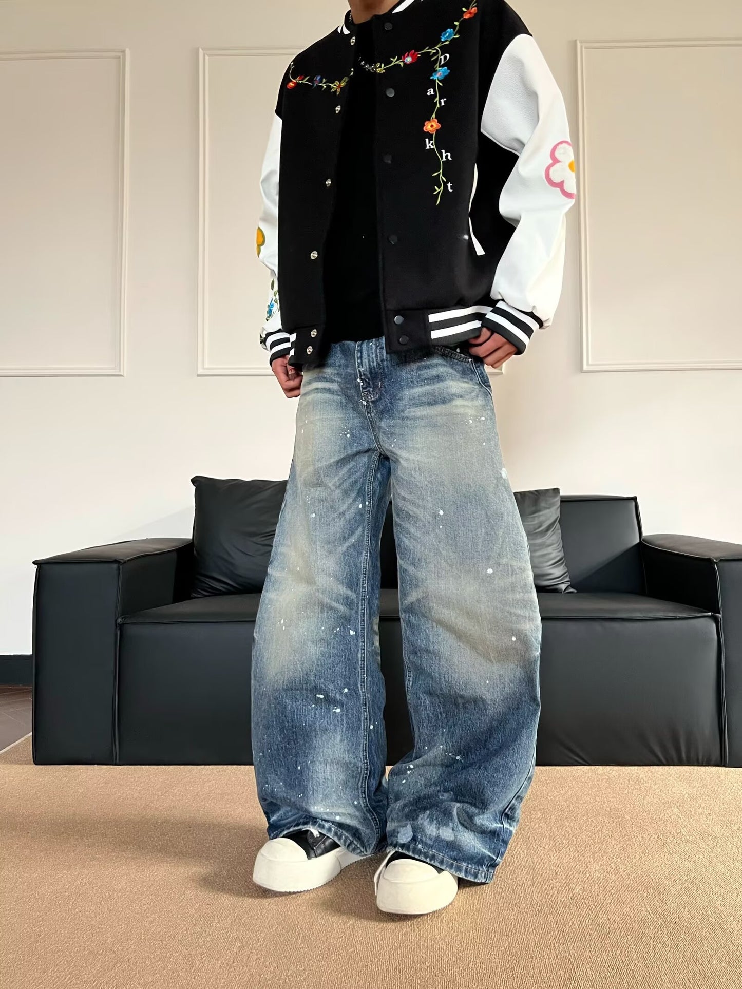 No.G59 High Street American Retro Washed Distressed Ink Splash Jeans