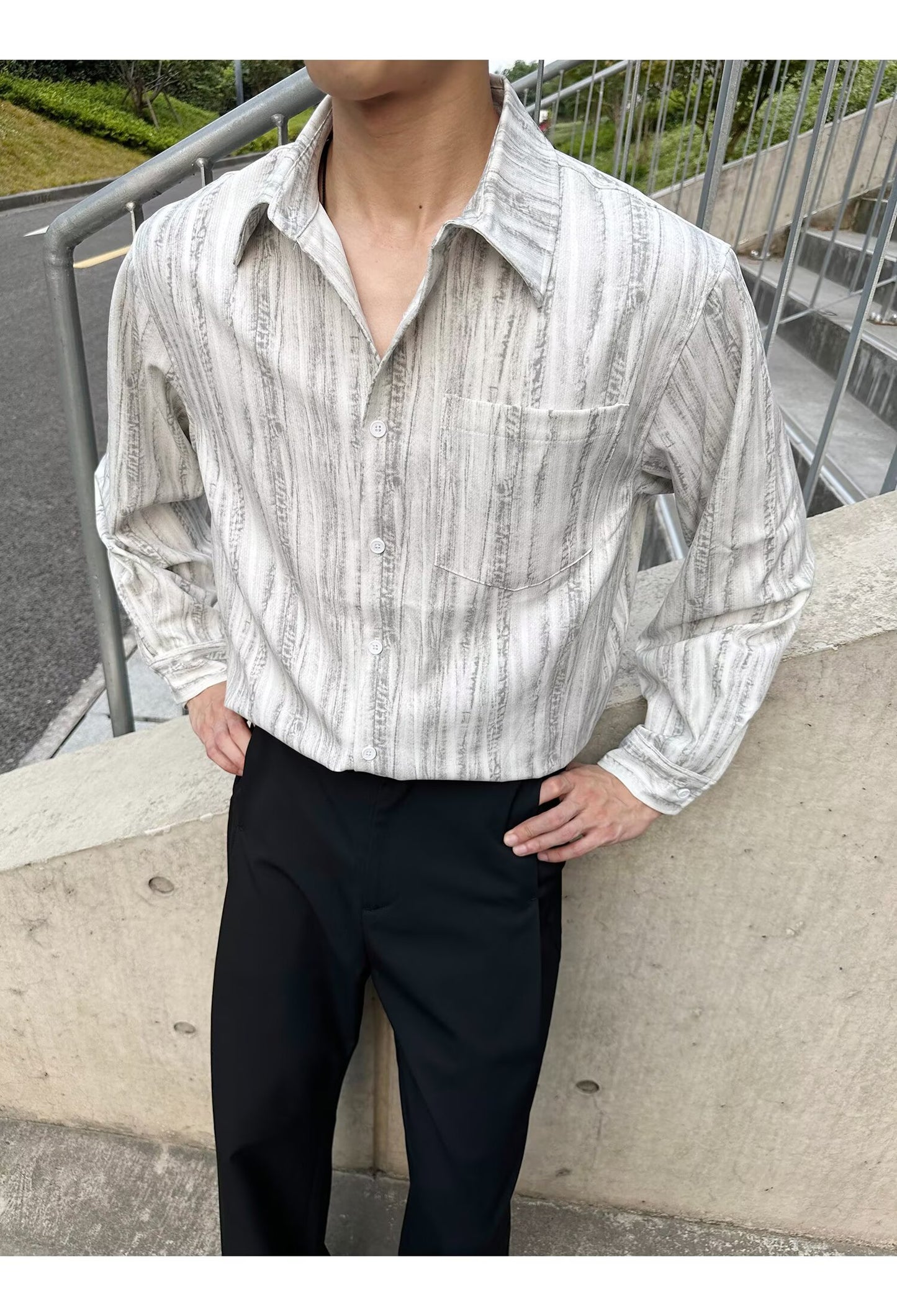 No.K425 Vintage Washed Striped Long Sleeve Shirt