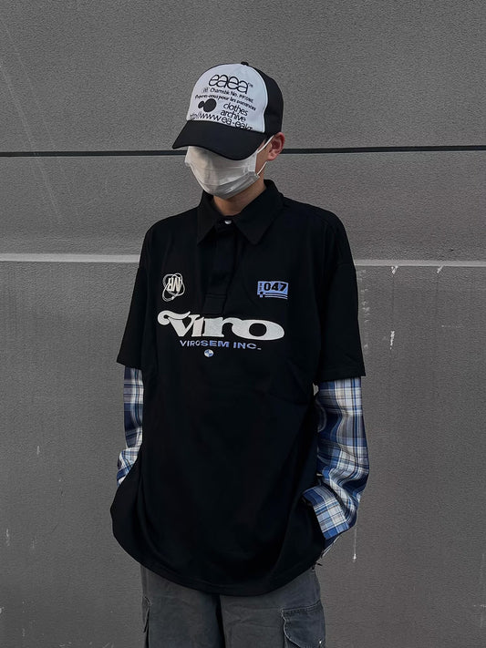 No.K387 Color Block Embroidered Letter Long Sleeve Polo Shirt