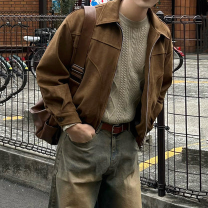 No.80504 Retro Style Faux Suede Leather Jacket with Turn-down Collar