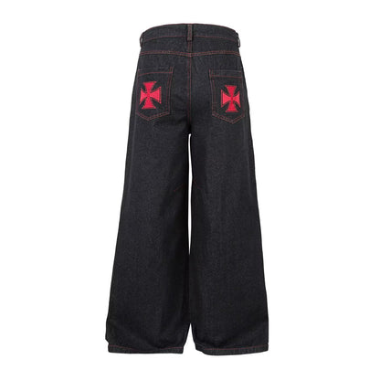 No.G55 American High Street Multi-Button Design Red Embroidered Jeans