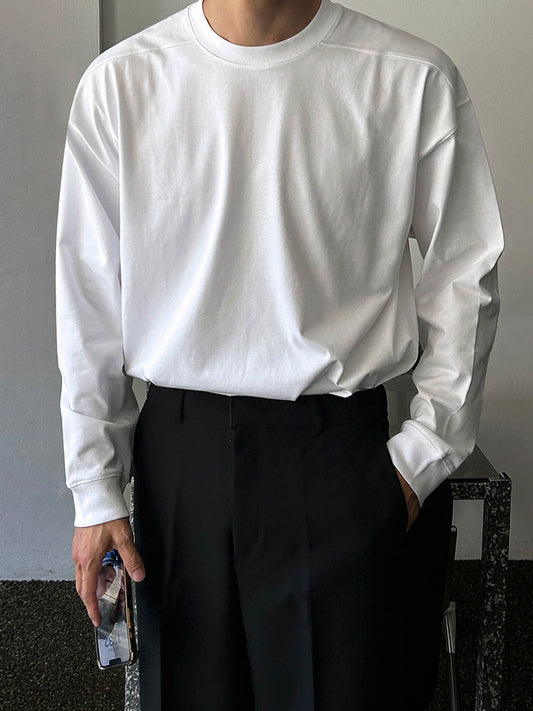 No.80574 Simple Design Solid Color Round Neck Long Sleeve T-Shirt