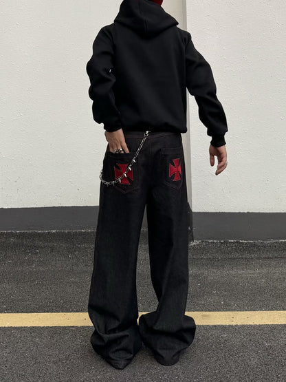 No.G55 American High Street Multi-Button Design Red Embroidered Jeans