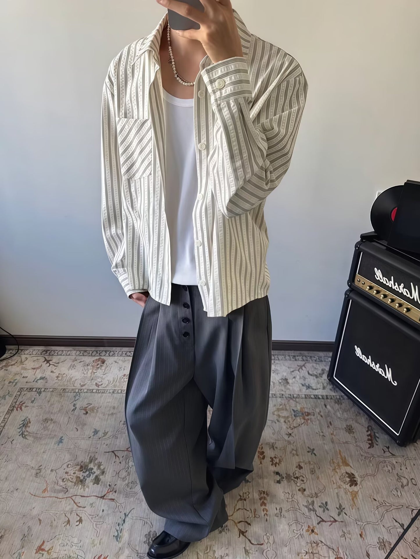 No. K422 Casual Commuting Single Pocket Gray and White Striped Shirt