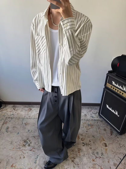 No. K422 Casual Commuting Single Pocket Gray and White Striped Shirt