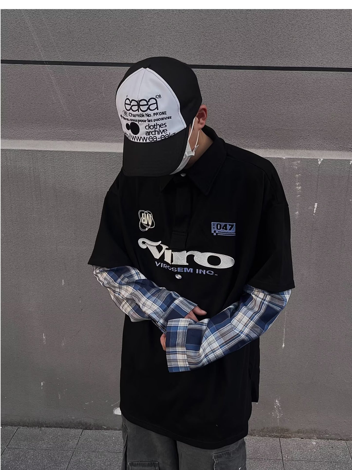 No.K387 Color Block Embroidered Letter Long Sleeve Polo Shirt