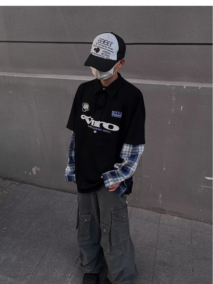 No.K387 Color Block Embroidered Letter Long Sleeve Polo Shirt